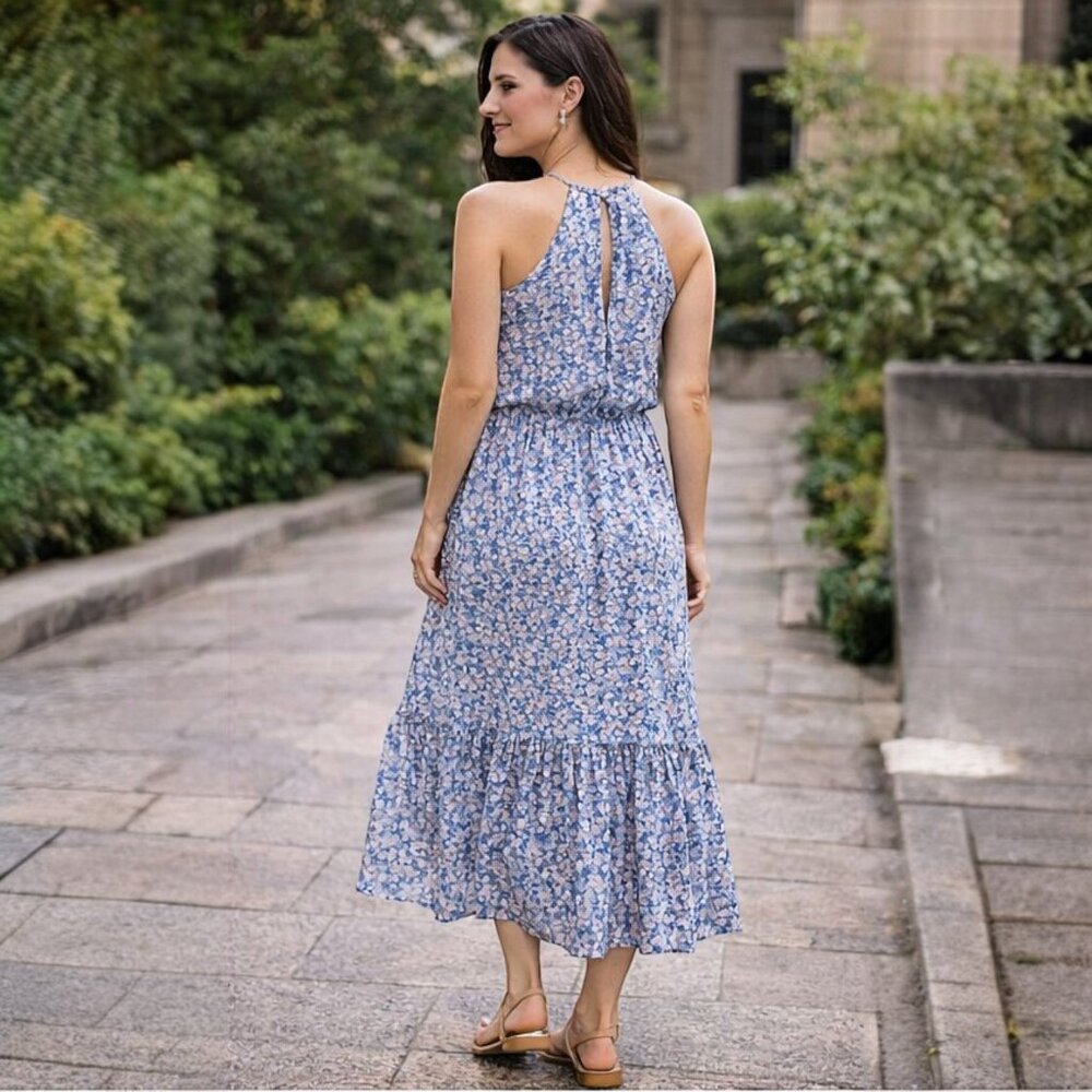 Lush Sky Blue Floral Tiered Ankle Dress | Elastic Waist Sleeveless Halter - S - Picture 2 of 7